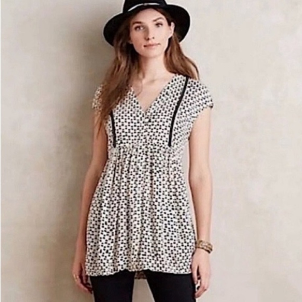 Anthropologie Vanessa Virginia Ladder Lace Swing Rayon Printed Tunic Top Size S